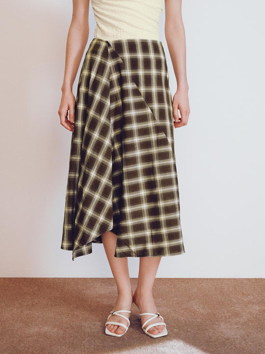 Contrast Check Asymmetric A-Line Midi Skirts
