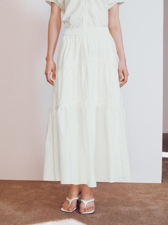 Pull On Seamed Tiered Loose-Fit A-Line Maxi Skirts