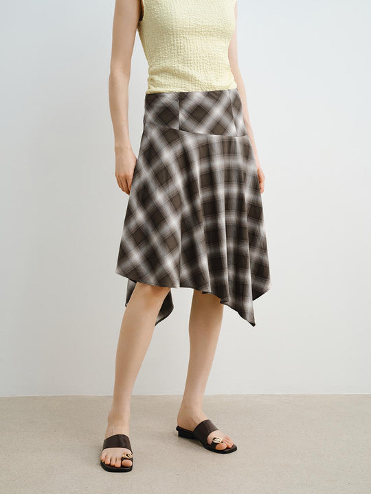 A-line Plaid Cotton Asymmetric Hem Skirt