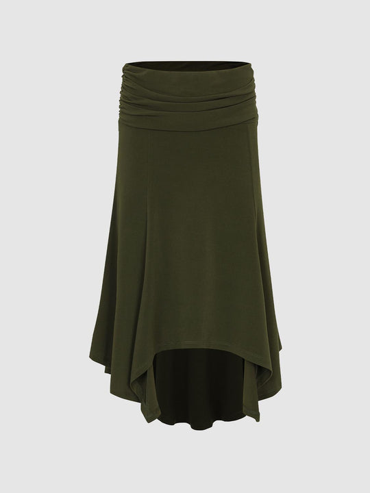 Ruched Asymmetric Hem A-Line Mid-rise Skirt