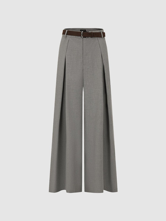Belted Pleated Tailored Wide Leg Pants