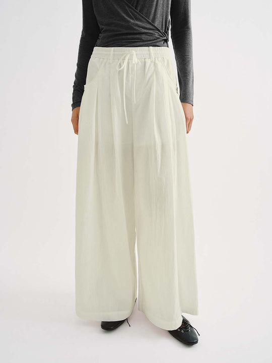 Cotton Elastic Waist Pleated Wide Leg Trousers
