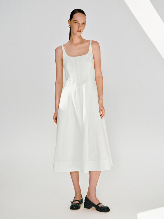 A Line Square Neck Spaghetti Strap Cotton Fabric Midi Dress