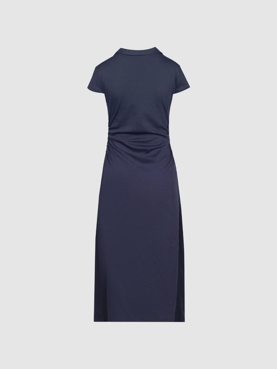 Navy Cotton Polyester Blend Ruched Maxi Dress