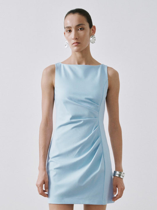 Boat Neck Sleeveless Ruched A-Line Mini Dresses