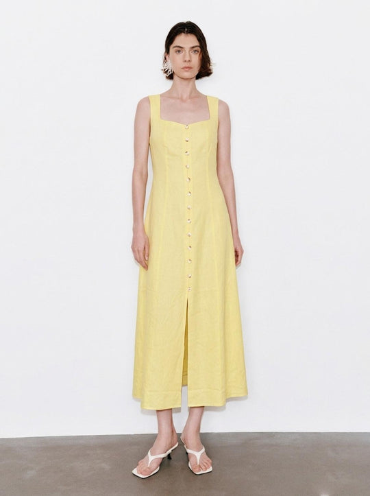 Linen Blend Square Neck Button Detail Sleeveless Straight Midi Dresses