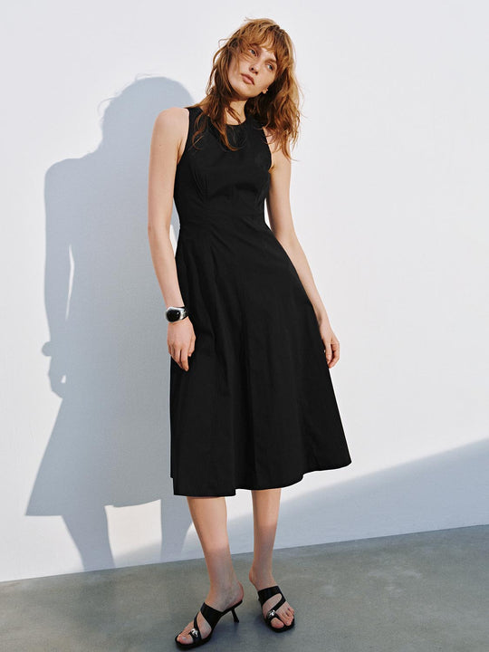Crew Neck Sleeveless A-Line Midi Dresses
