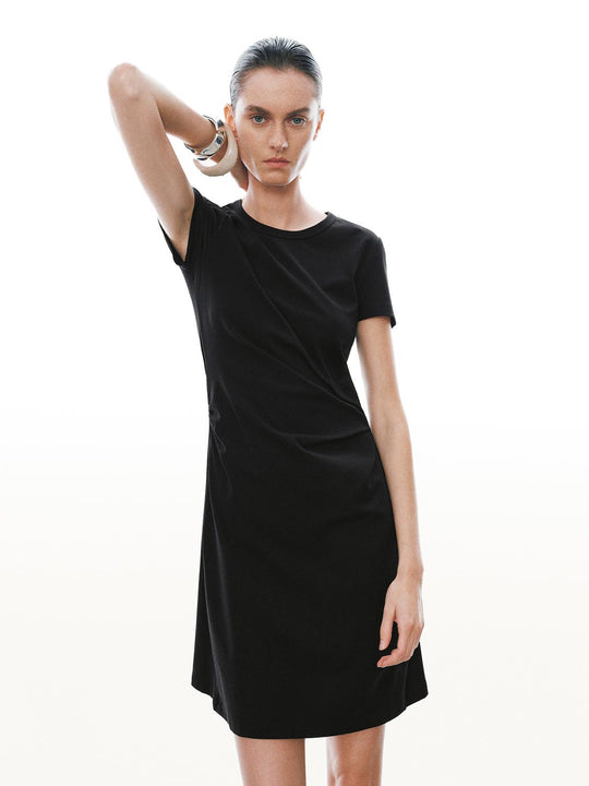 Short Sleeve Draped A-Line Midi Dresses