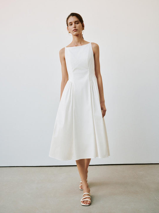 Sleeveless Shirring Detail A-Line Midi Dresses