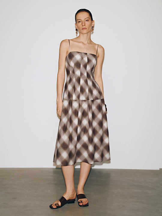 Contrast Check Strappy A-Line Midi Dresses