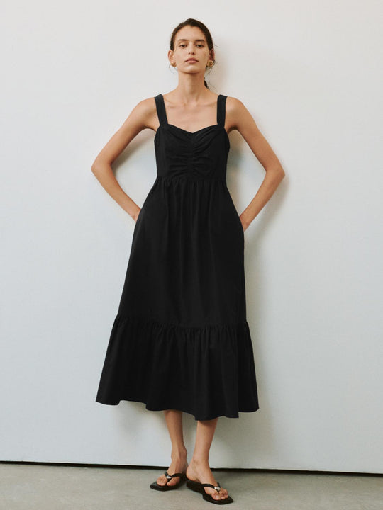 Shirring Detail Strappy Cotton Blend A-Line Midi Dresses