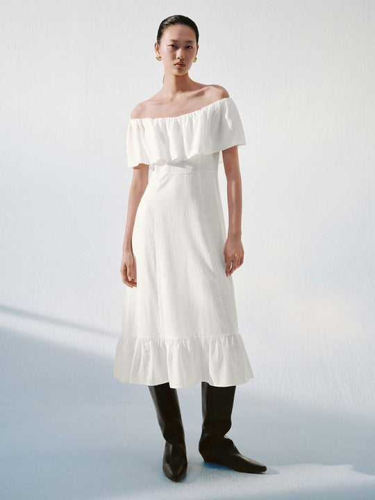 Foldover One Shoulder Ruffle Trim A-Line Midi Dresses
