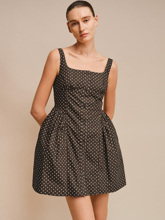 Polka Dot Button Front Strappy A-Line Midi Dresses