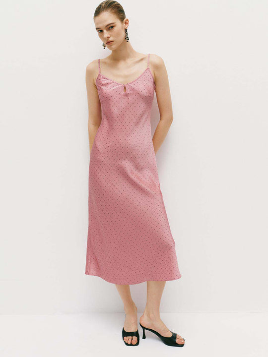 Slim V Neck Spaghetti Strap Polka Dot Split Midi Dress