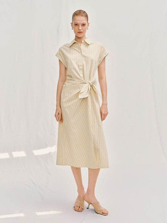 A-line Striped Tie Waist Midi Cotton Dress