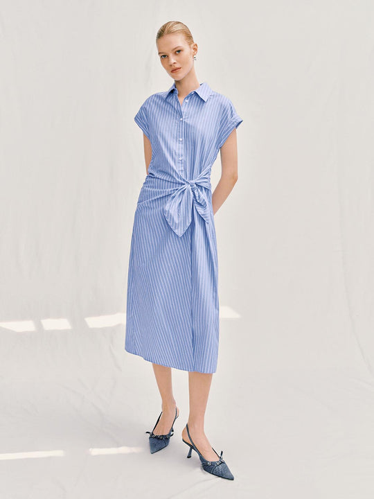 Striped A-line Shirt Collar Waist Tie Cotton Dress
