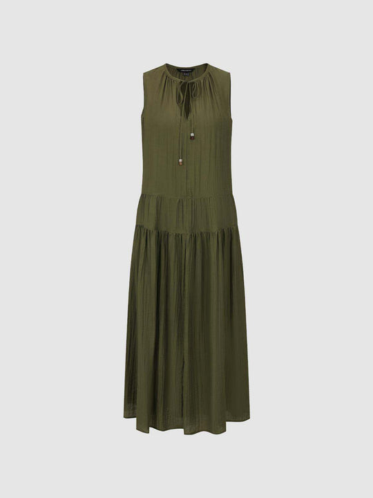 Tiered Beaded Tie Neck Sleeveless Maxi Dress