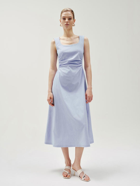 Ruched Waist Square Neck Sleeveless A-line Midi Dress