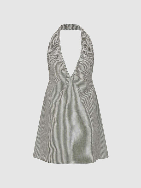Stripe Deep V Halter Neck Loose A-line Mini Dress