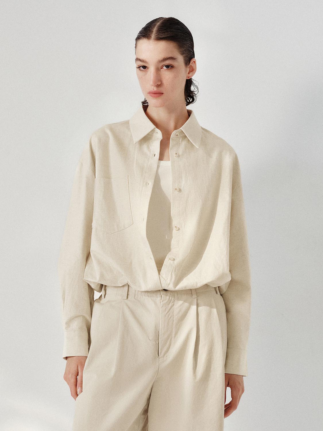 Solid Button-Up Loose Denim Shirts
