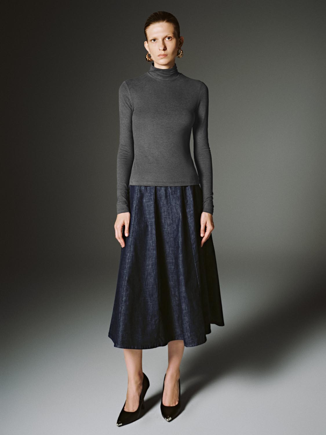 Pleated Denim Midi Skirts