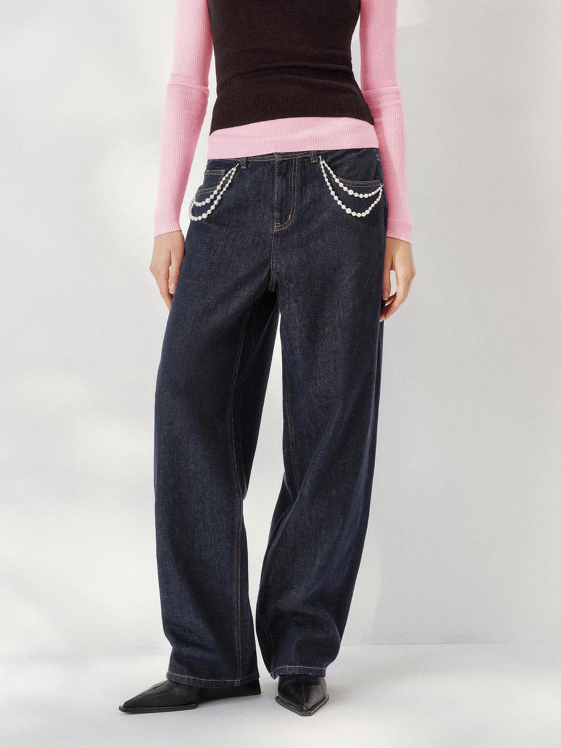 Chain Décor Wide Leg Jeans