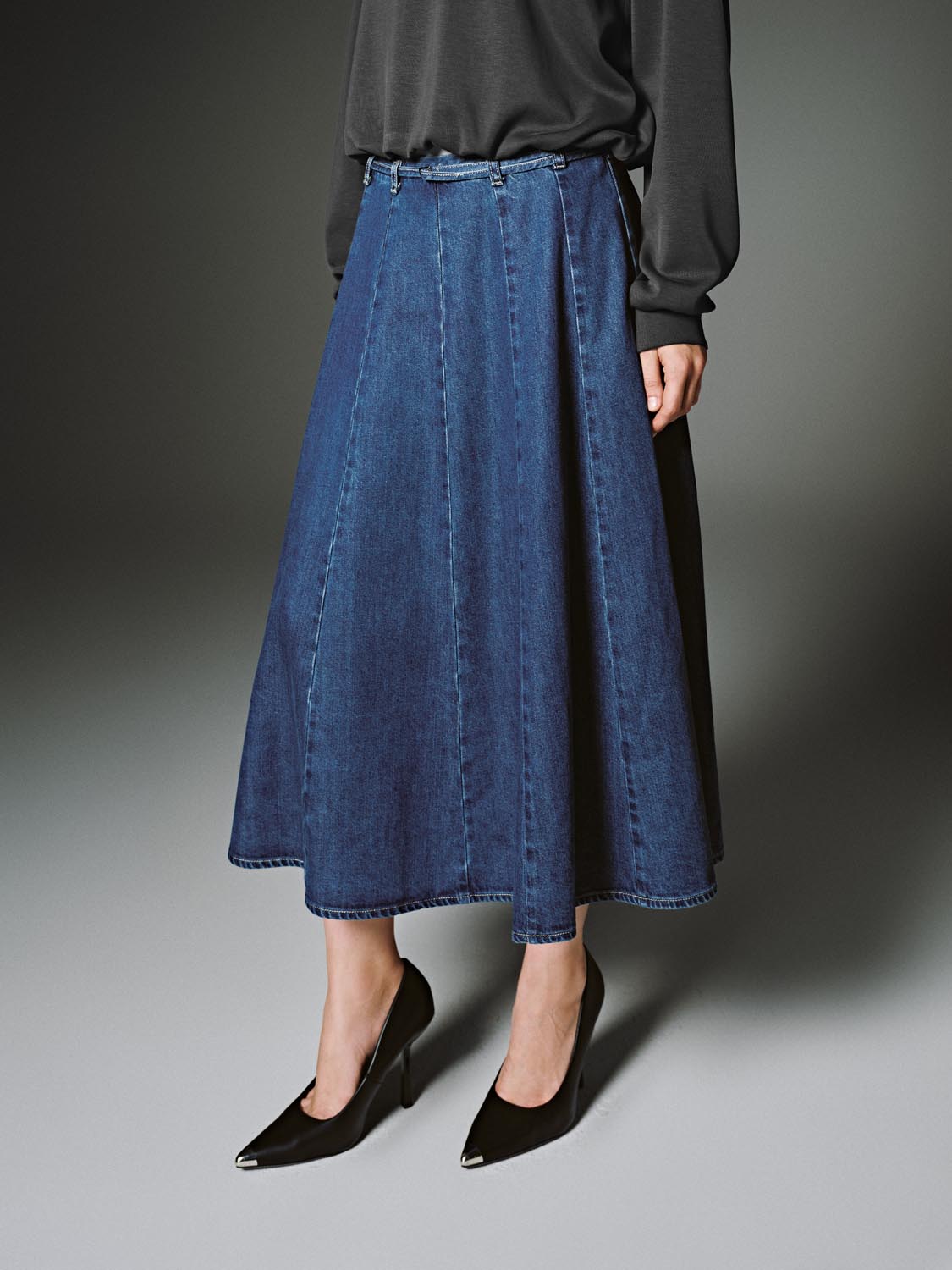 Pleated Denim Midi Skirts