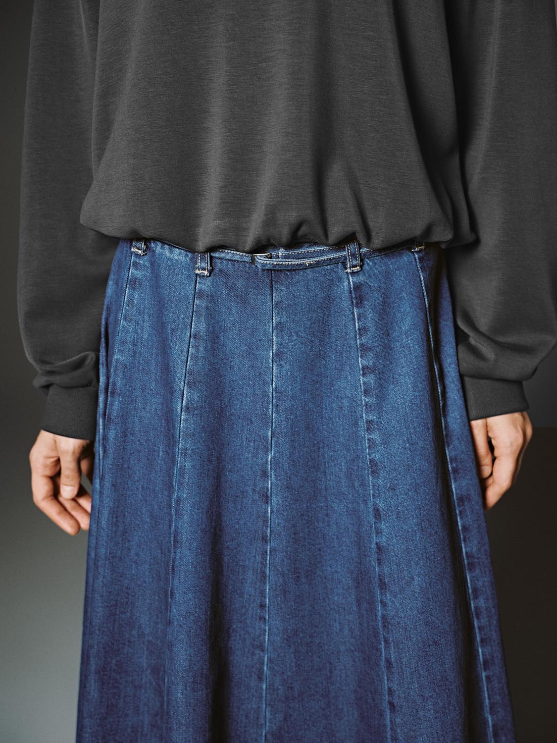 Pleated Denim Midi Skirts