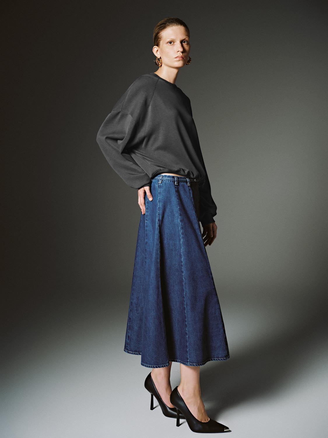 Pleated Denim Midi Skirts
