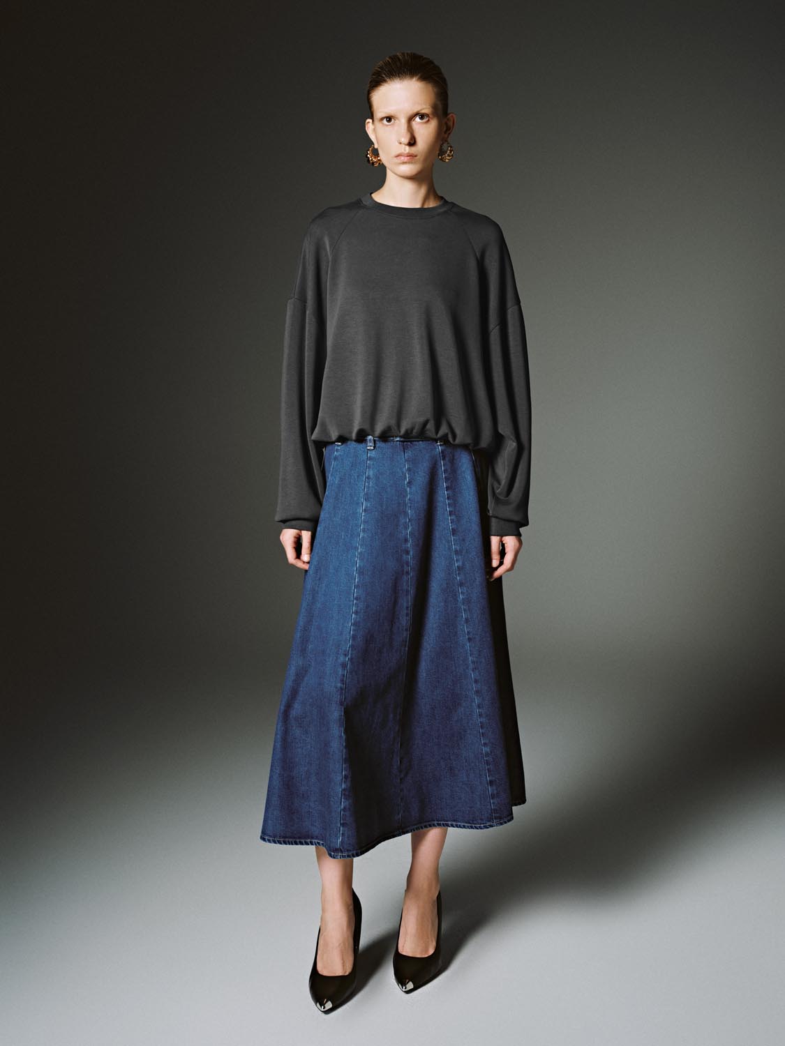 Pleated Denim Midi Skirts