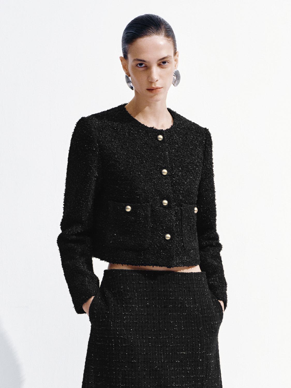 Cropped Tailored Button Up Tweed Jackets