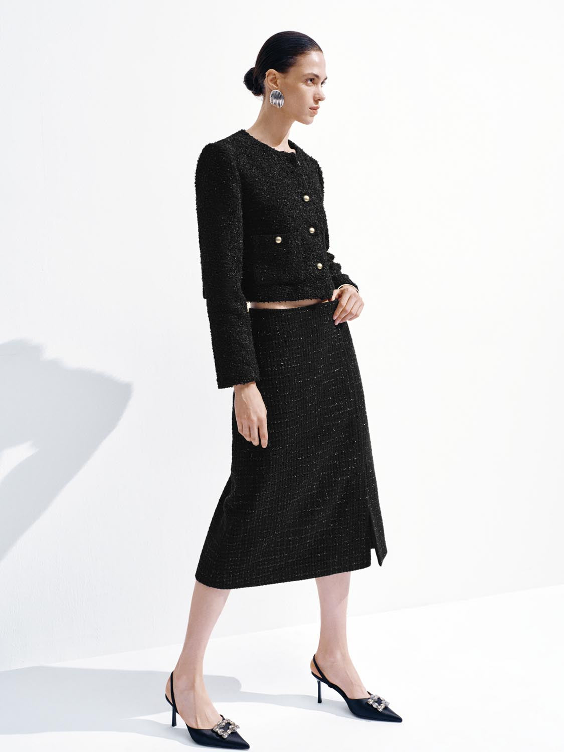 Cropped Tailored Button Up Tweed Jackets