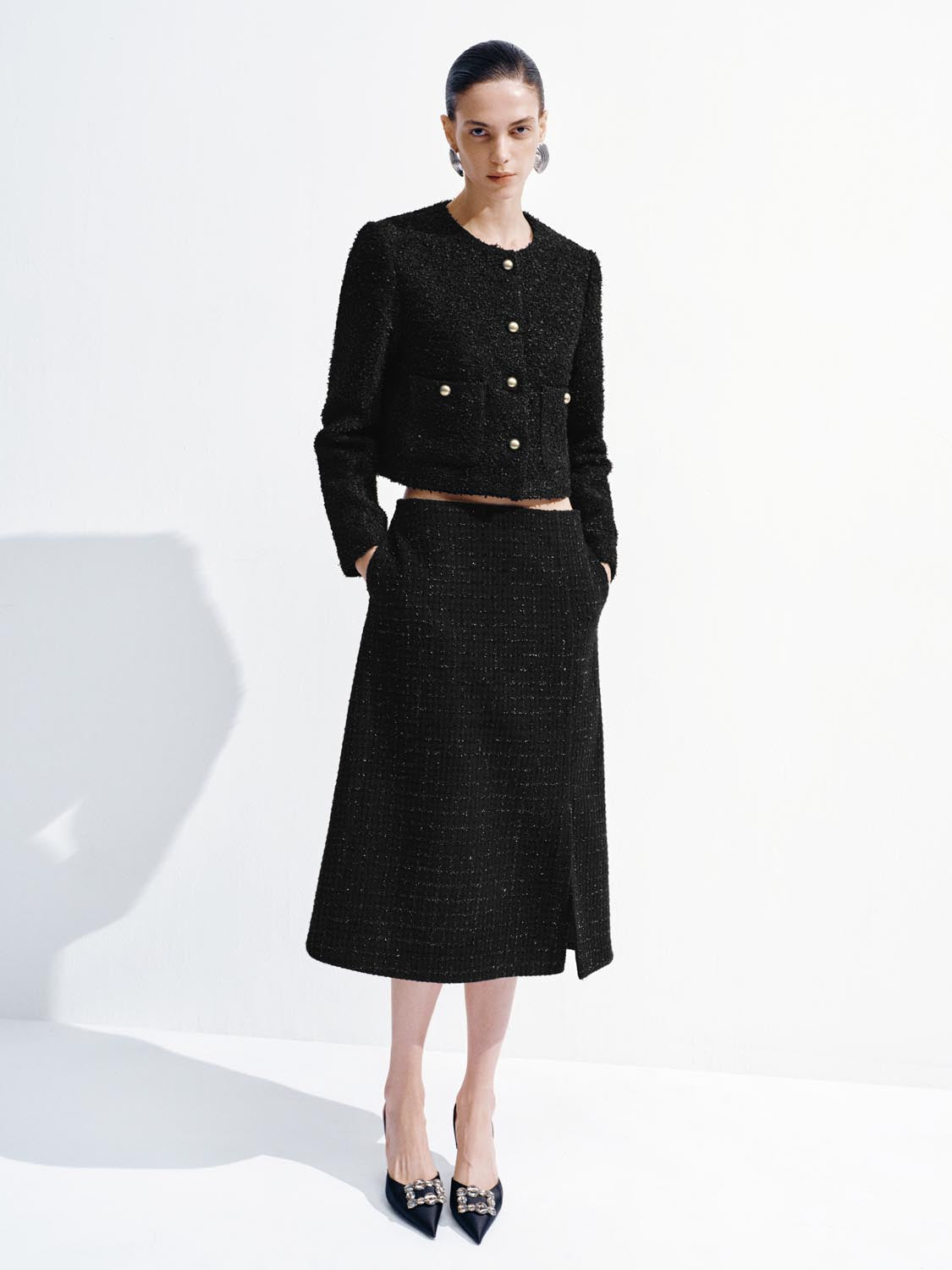 Cropped Tailored Button Up Tweed Jackets