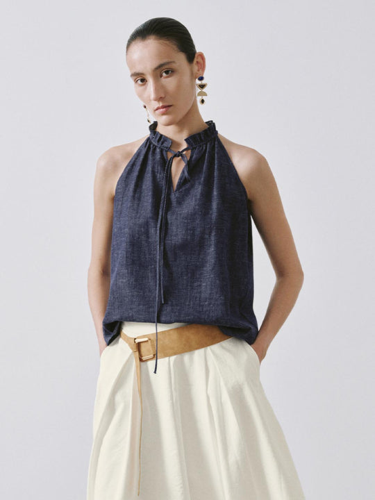 Ruffled Halter Neck Tie Front Sleeveless Denim Blouse
