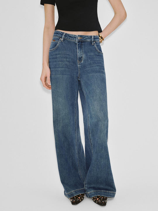 Stitch Detail Medium Stretch Wide Leg Cotton Jeans