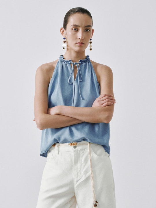 Ruffle Neck Sleeveless Denim Shirts