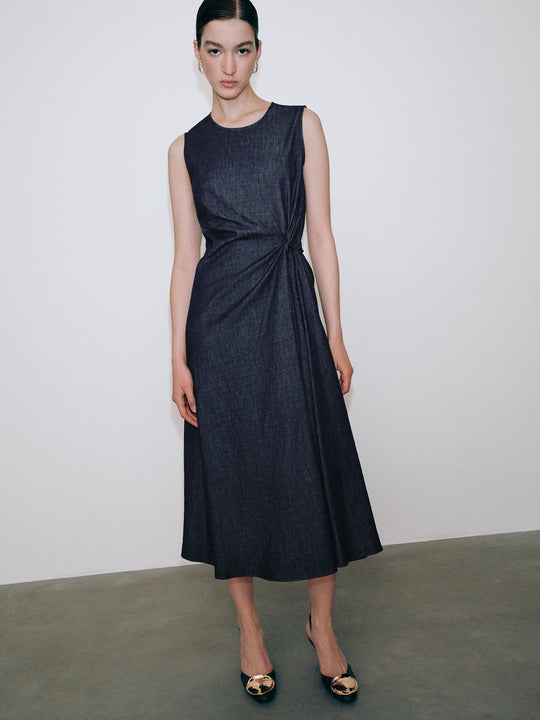Knot Front Sleeveless Denim Midi Dresses