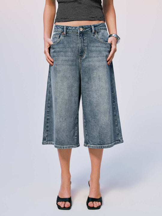 Washed Vintage Loose Fit Cotton Wide Leg Capri Denim Jeans