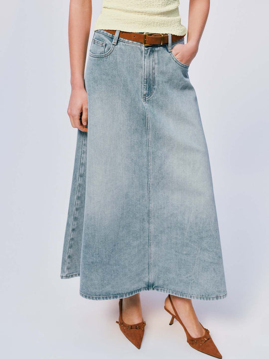 Belted Denim Midi Skirts