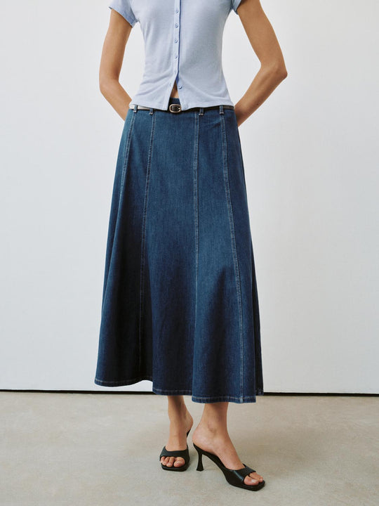 Paneled Aline Denim Maxi Belted Stretch Skirt