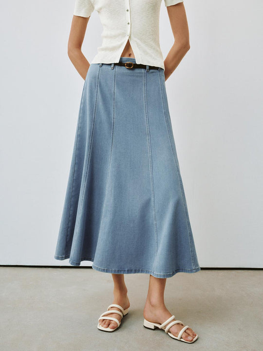 Paneled A Line Denim Skirts With Belt