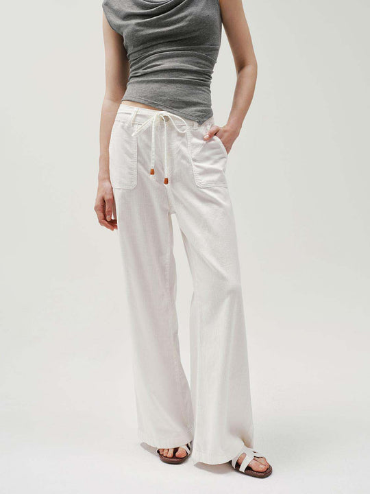 100% Cotton Premium Drawstring Waist Patch Pockets Relaxed Wide-Leg Silhouette Pants