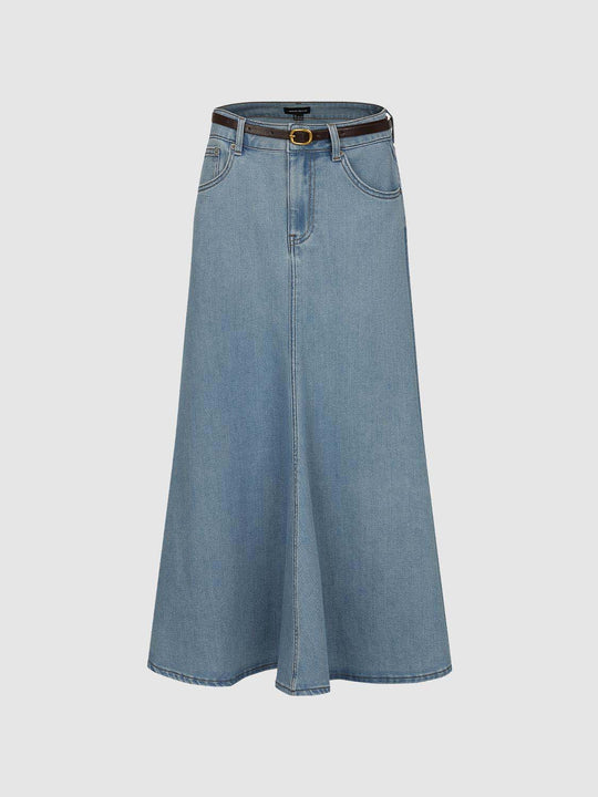 A-line Belted Waist Flared Hem Maxi Skirt