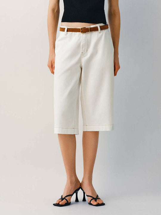 Cotton Decorative Belt Seam Details Shorts