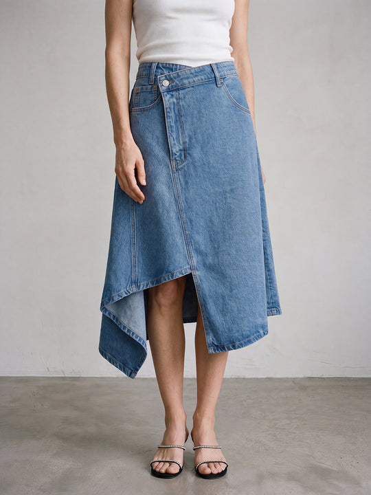 Asymmetric Overlapped Denim Wrap Midi Cotton Skirt