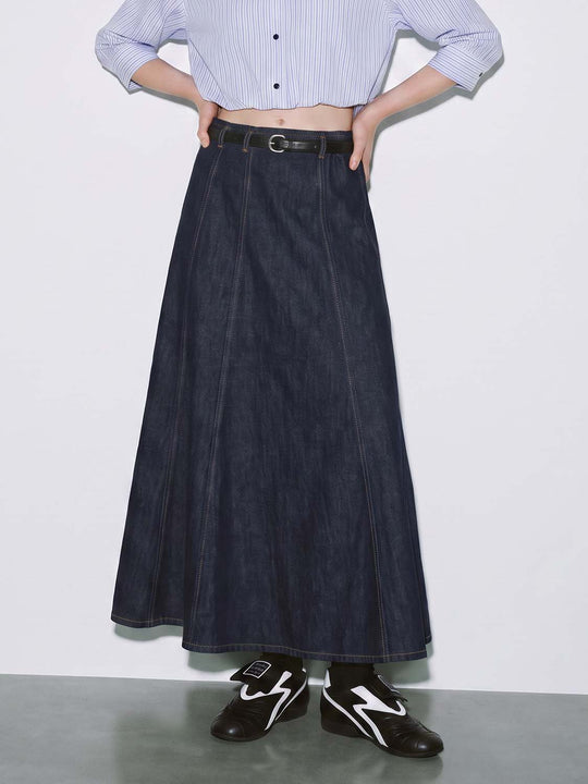 100% Cotton Denim Belted A-Line Silhouette With Topstitched Finish Skirt