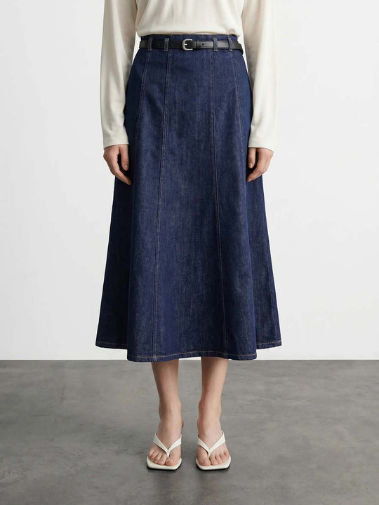 100% Cotton Denim Belted A-Line Silhouette With Topstitched Finish Skirt