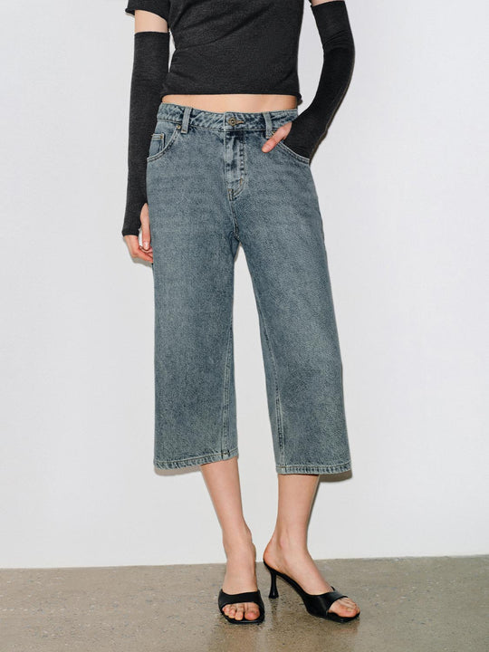 Relaxed High-rise Wide-leg Capri Cotton Jeans