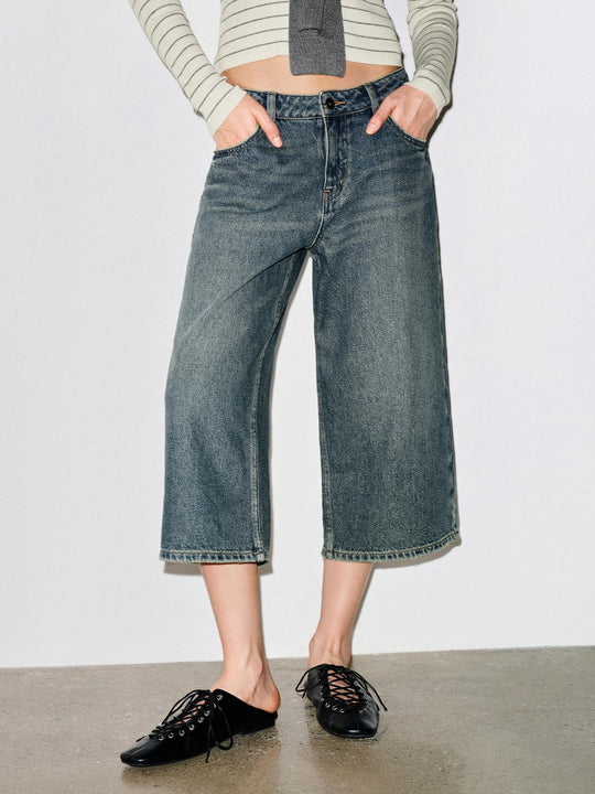 Relaxed Mid Rise Wide-leg Capri Cotton Jeans