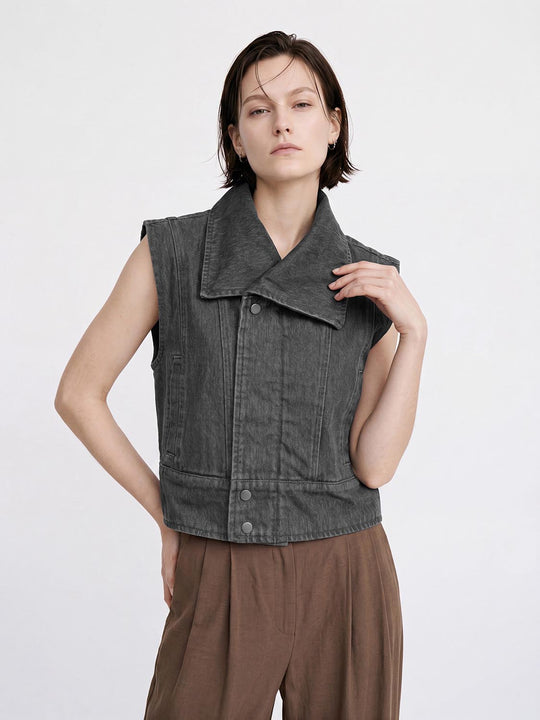 Cropped Sleeveless Cotton Vest With Seamed Panels